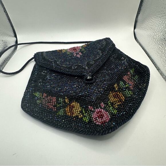Vintage Retro style Fabric Beaded Black & Floral Evening Handbag VTG Retro 1950s - Picture 4 of 10